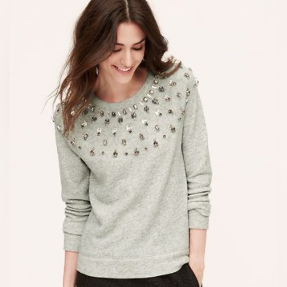 Ann Taylor Loft Gray Long Sleeve Jeweled Crew Neck Sweater Women’s Size XS